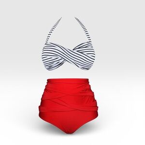 Elegant Black and White Striped Bikini with Red High-Waisted Bottoms